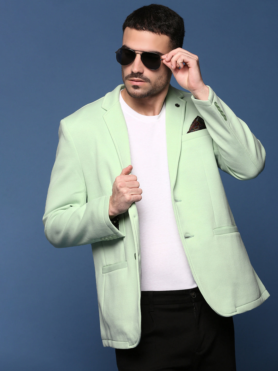 Men Sea Green Slim Fit Single Breasted Blazer