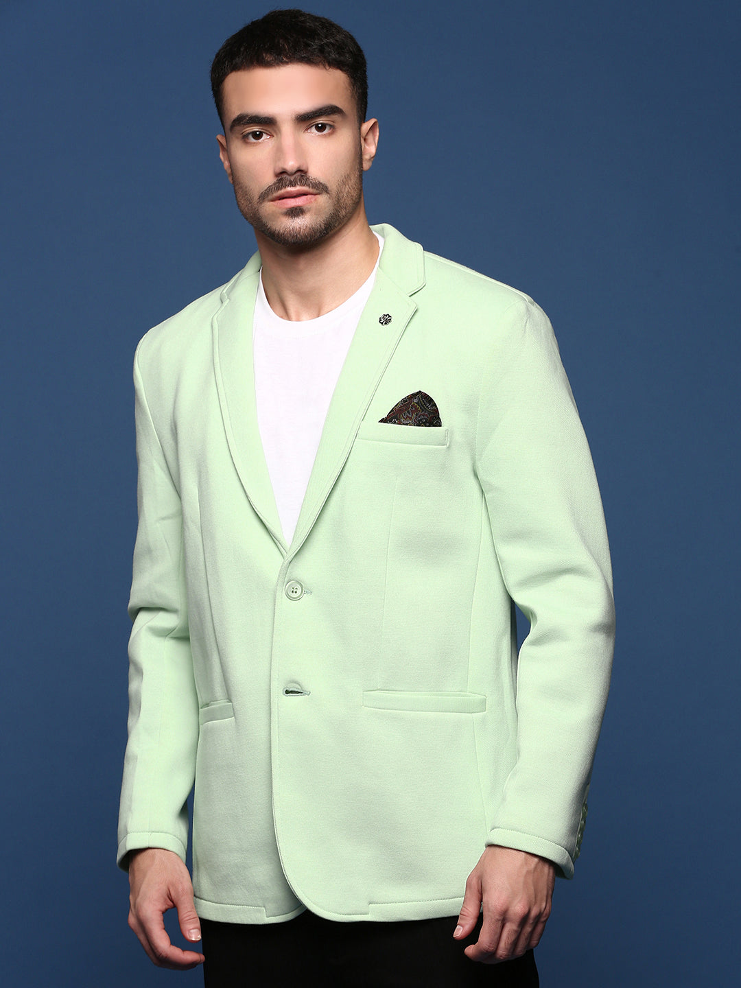 Men Sea Green Slim Fit Single Breasted Blazer