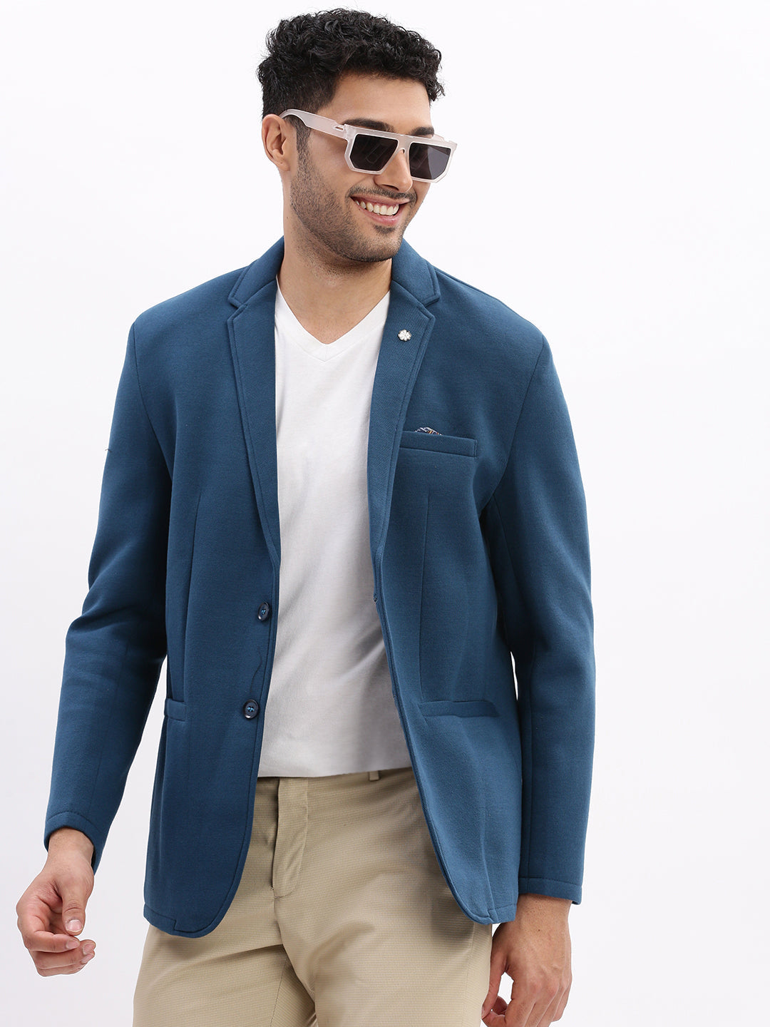 Men Solid Teal Single Breasted Blazer