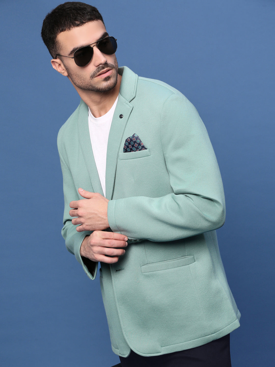 Men Turquoise Blue Slim Fit Single Breasted Blazer