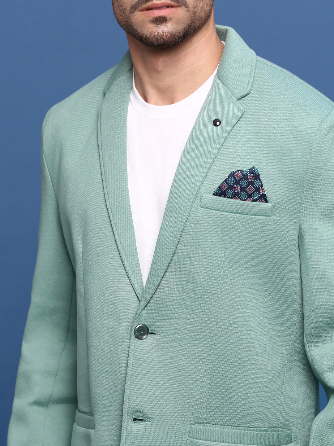 Men Turquoise Blue Slim Fit Single Breasted Blazer