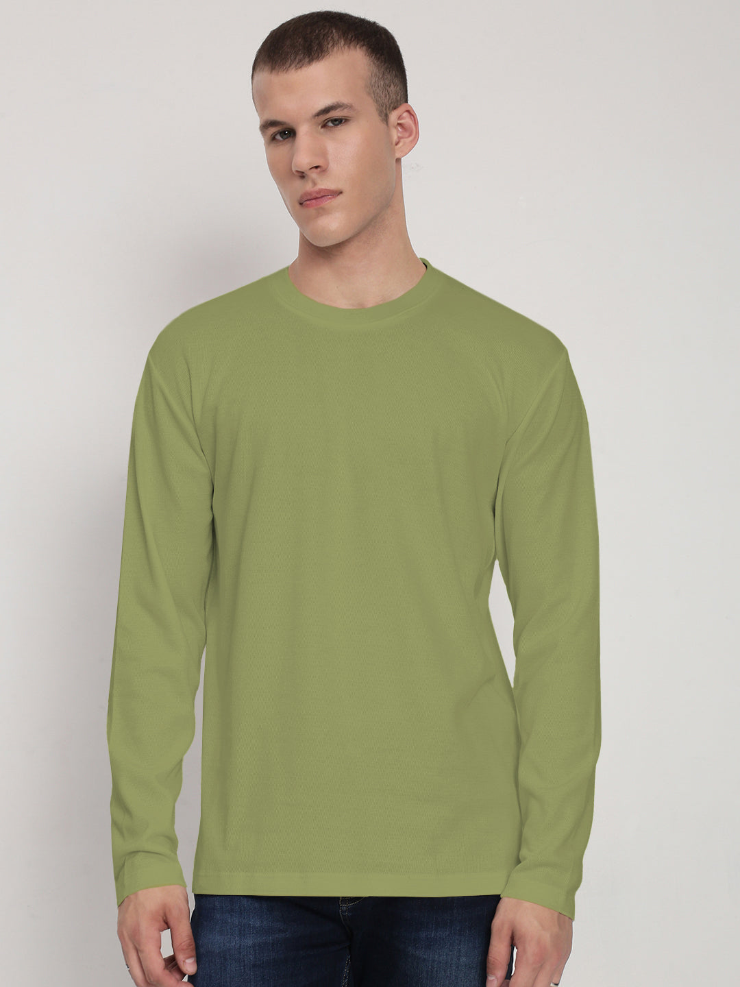 Men's Green Long Sleeves Round Neck Slim Fit T-Shirt
