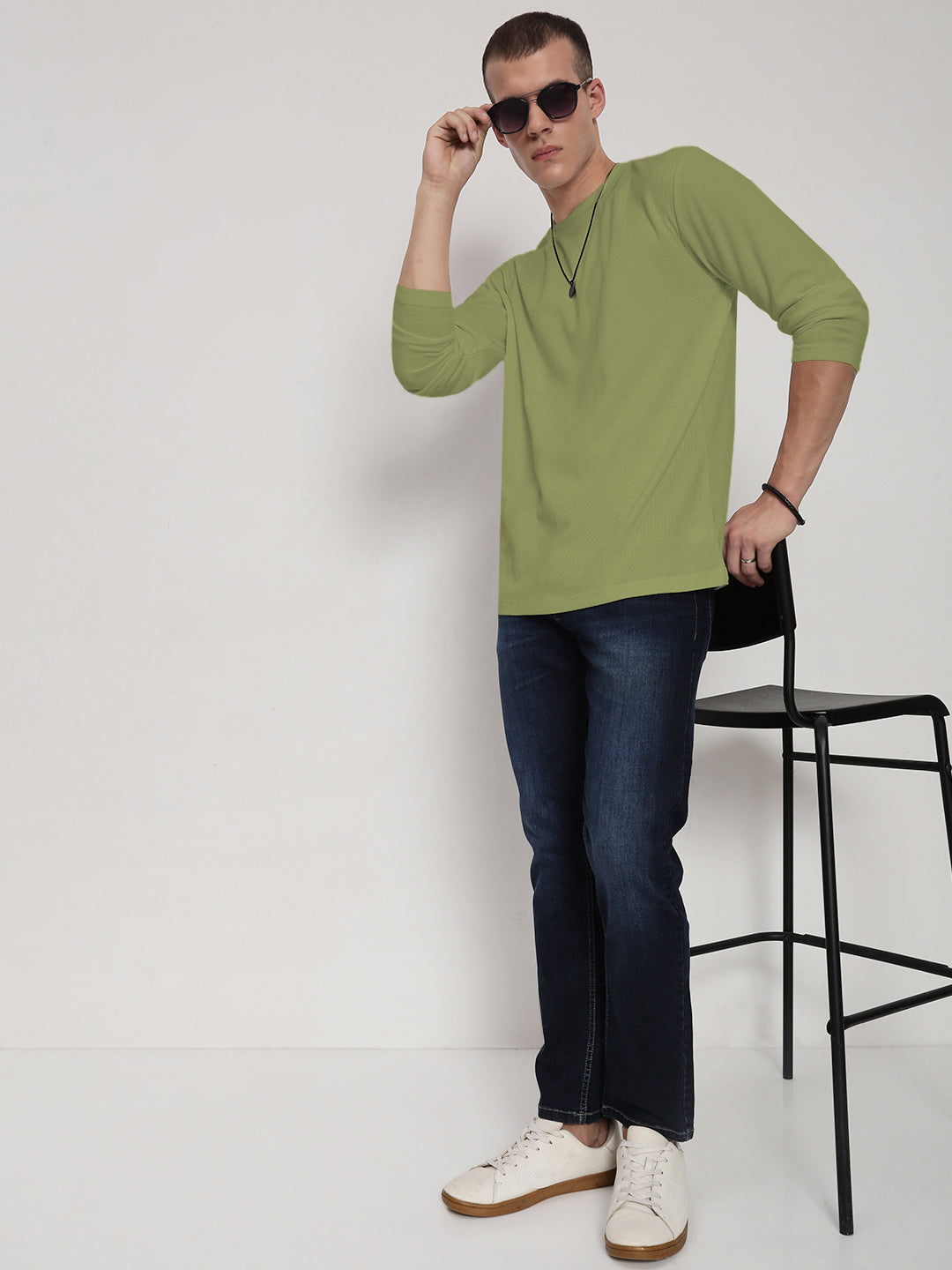 Men's Green Long Sleeves Round Neck Slim Fit T-Shirt