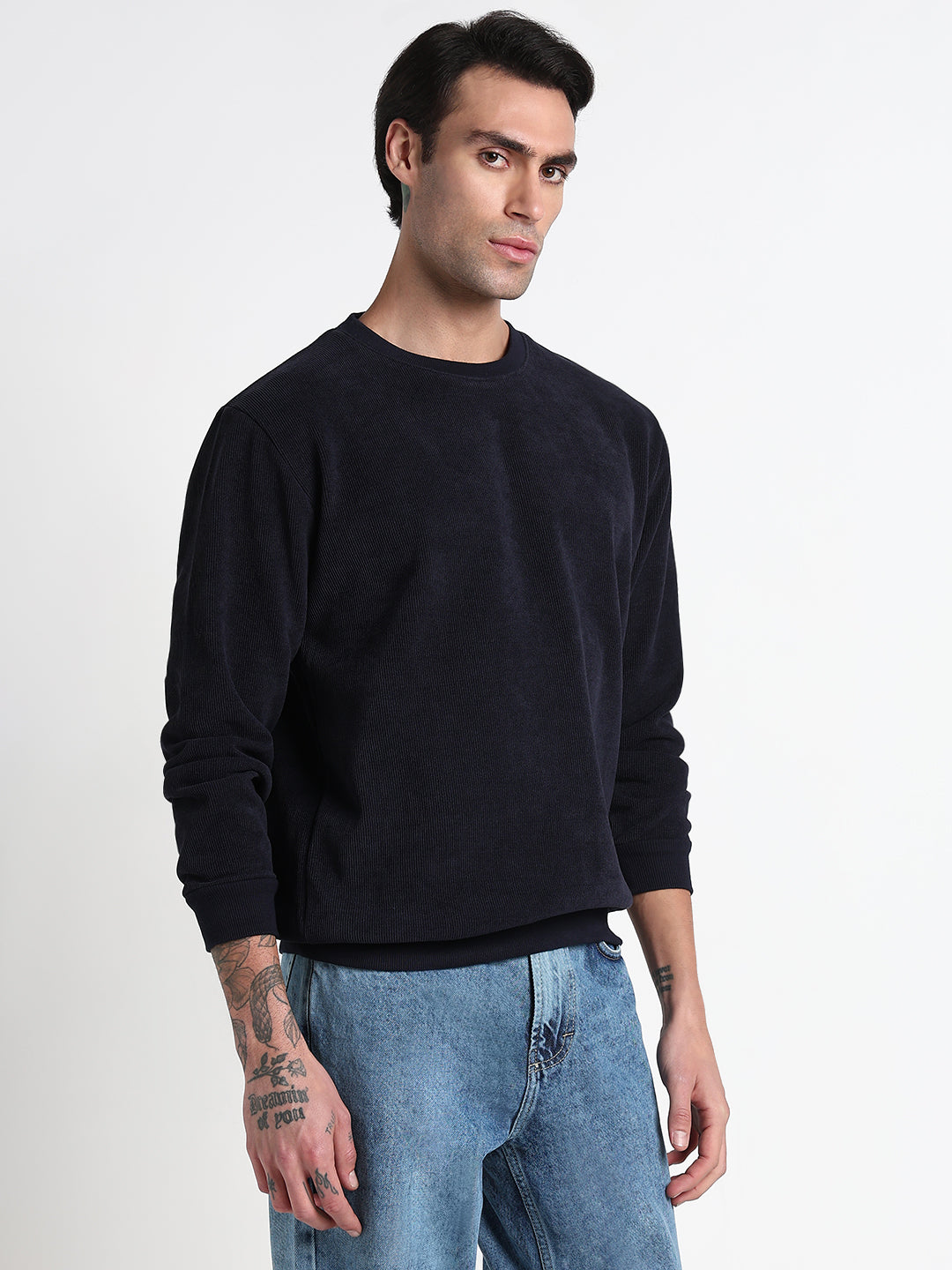 Men's Navy Blue Solid Round Neck Pullover Sweatshirt
