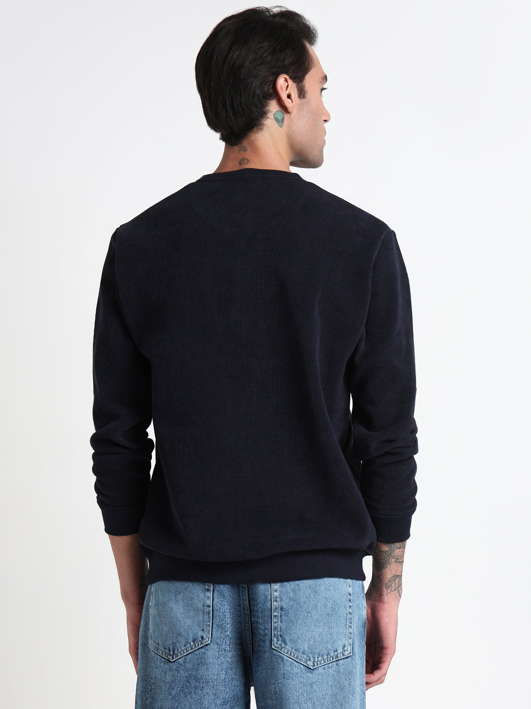 Men's Navy Blue Solid Round Neck Pullover Sweatshirt
