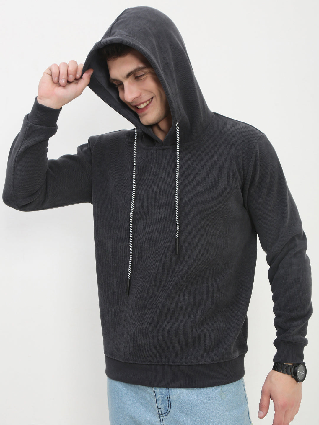 Men's Grey Solid Hooded Sweatshirt