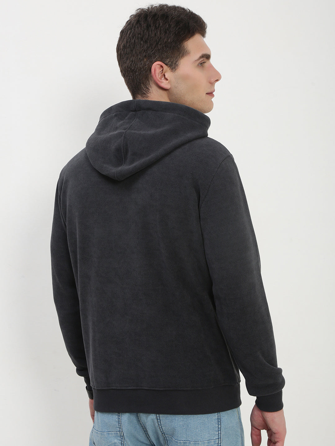 Men's Grey Solid Hooded Sweatshirt