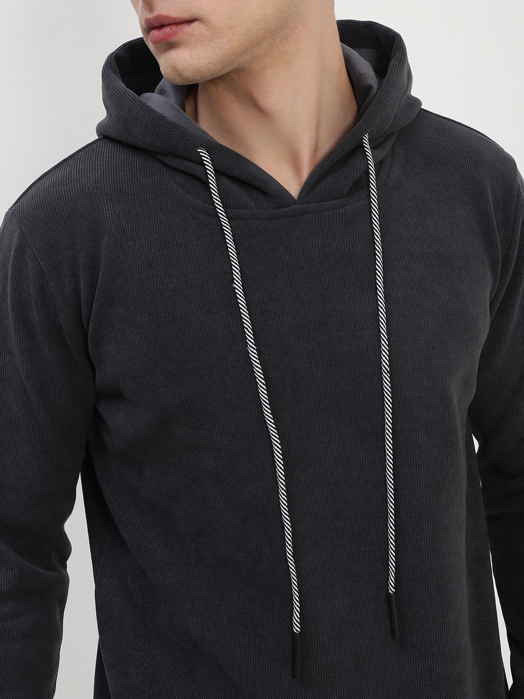 Men's Grey Solid Hooded Sweatshirt