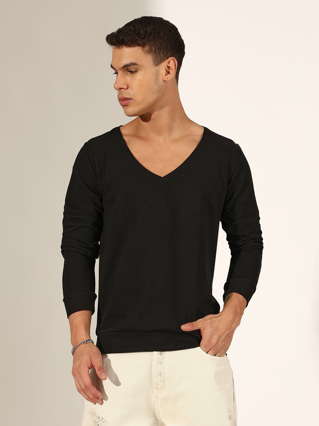 Men's Black V-Neck Full Sleeve T-Shirt with Ribbed Hem