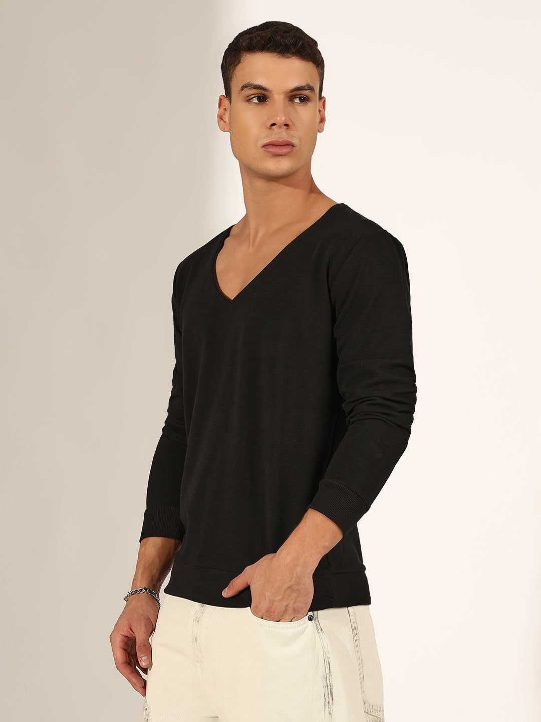 Men's Black V-Neck Full Sleeve T-Shirt with Ribbed Hem