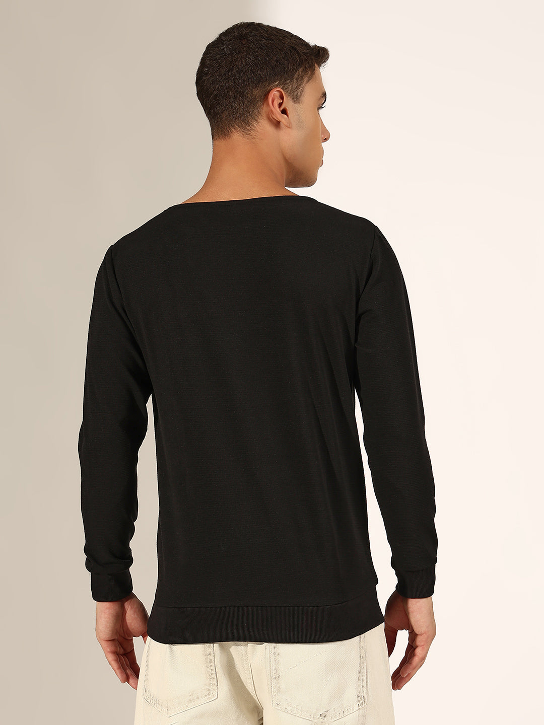 Men's Black V-Neck Full Sleeve T-Shirt with Ribbed Hem