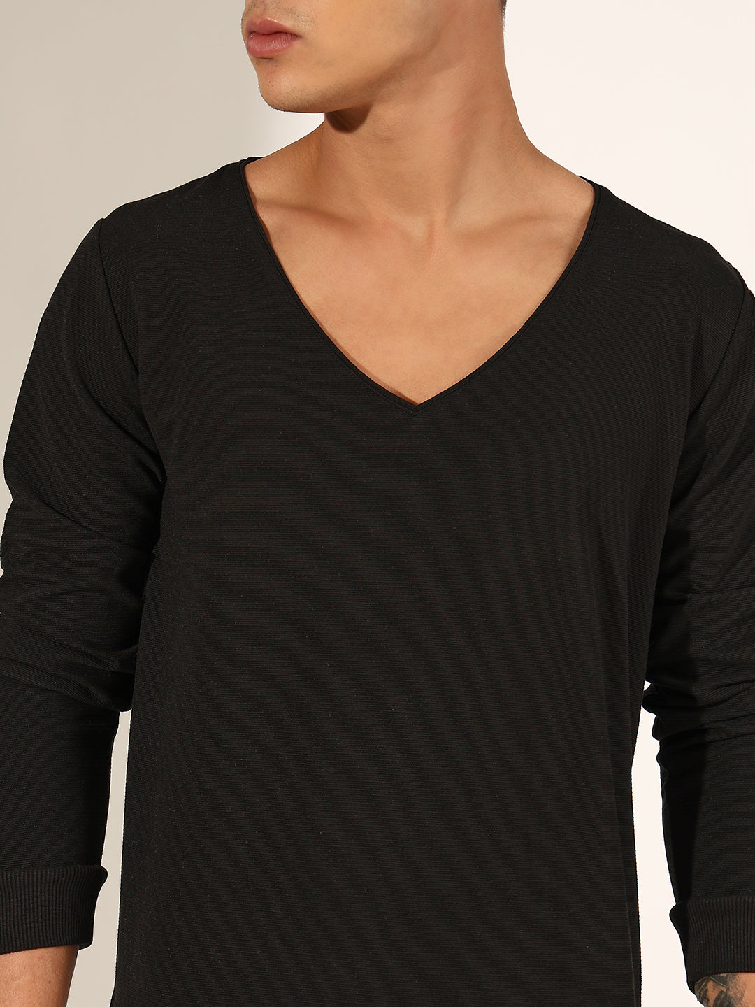 Men's Black V-Neck Full Sleeve T-Shirt with Ribbed Hem