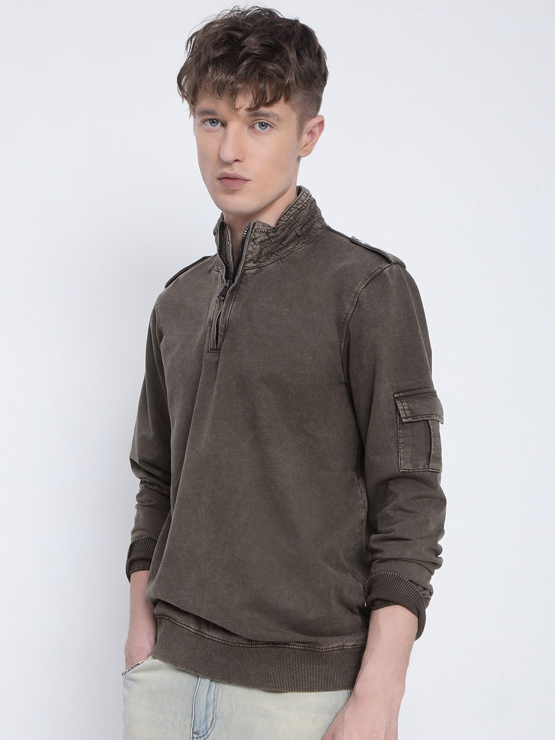 Men's Brown High Neck Zippered Sweatshirt