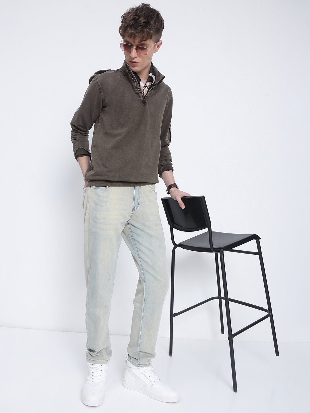 Men's Brown High Neck Zippered Sweatshirt