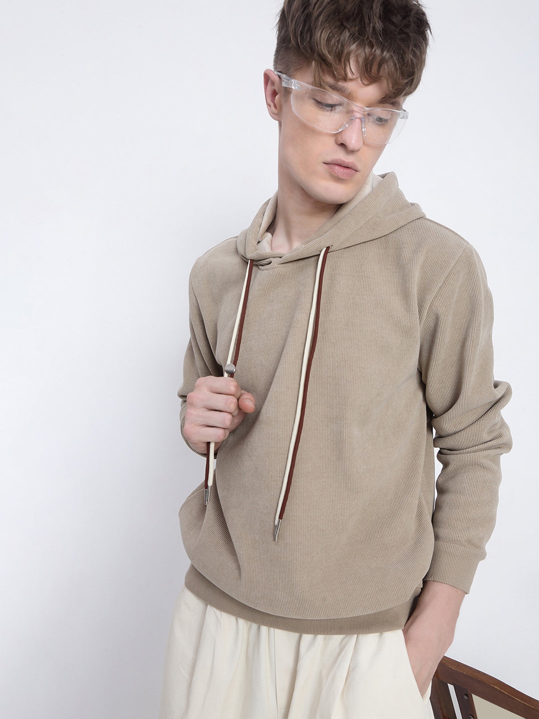Men's Casual Beige Full Sleeves Hoodie