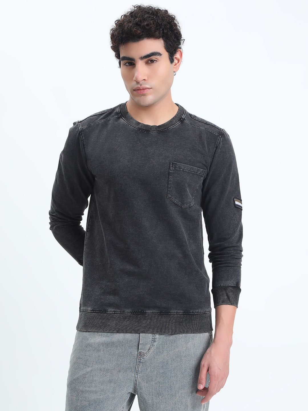 Men's Black Round Neck Ribbed Sweatshirt with Chest Pocket