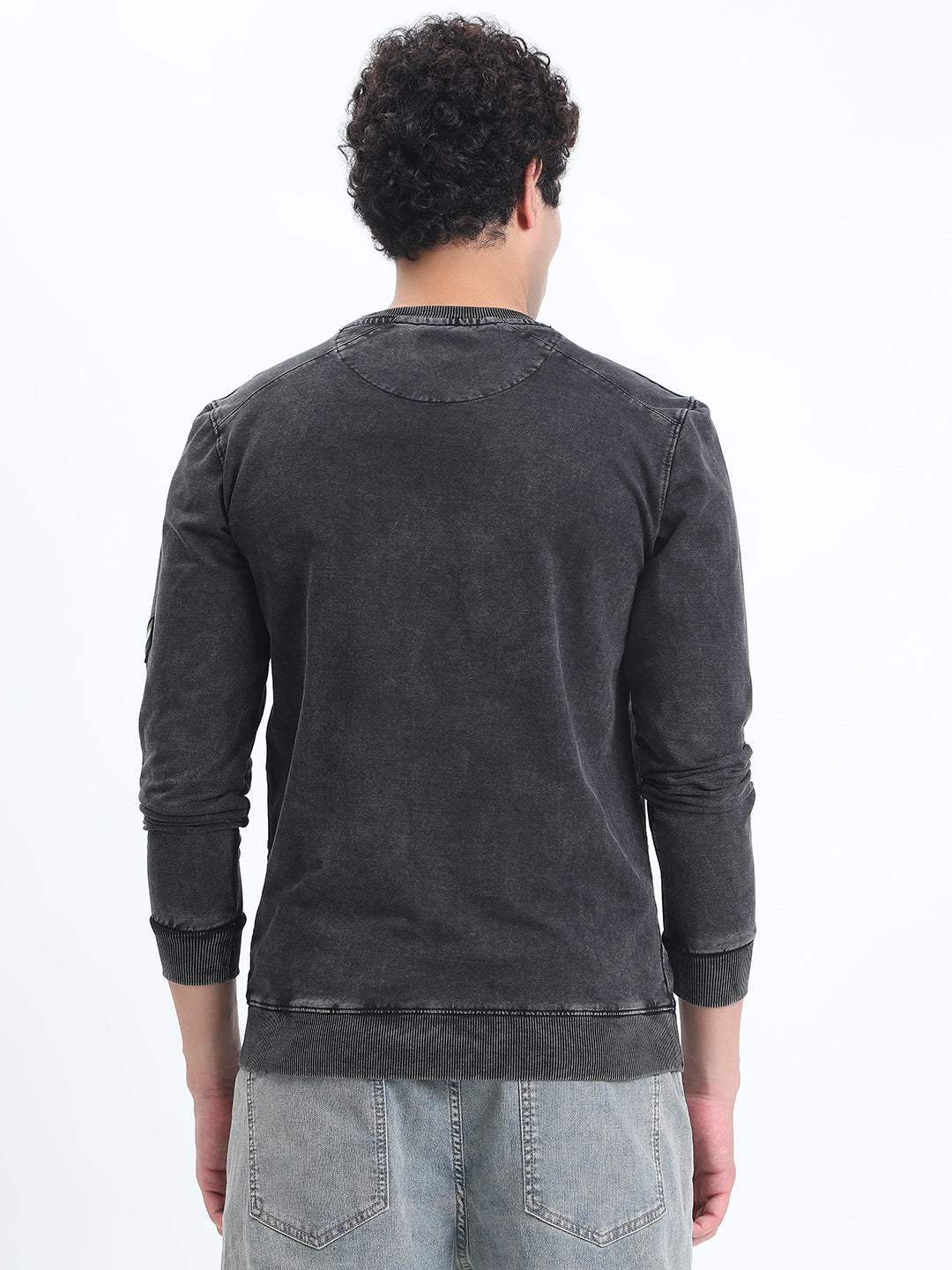 Men's Black Round Neck Ribbed Sweatshirt with Chest Pocket