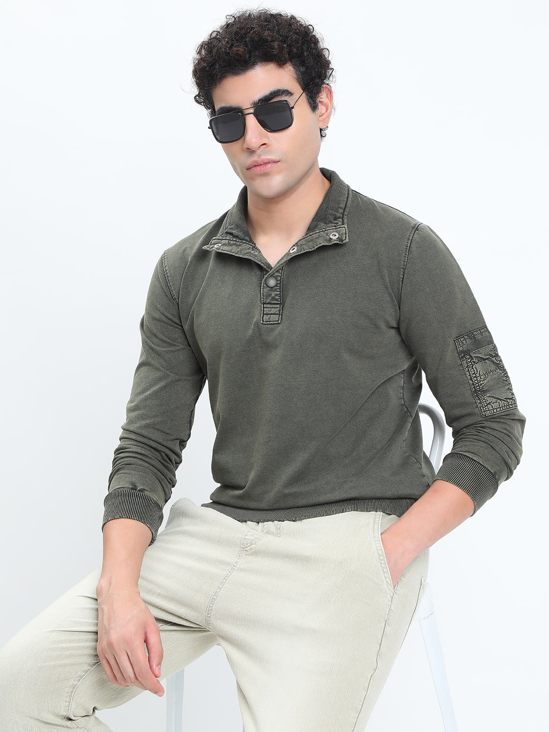 Men's Olive High Neck Ribbed Sweatshirt