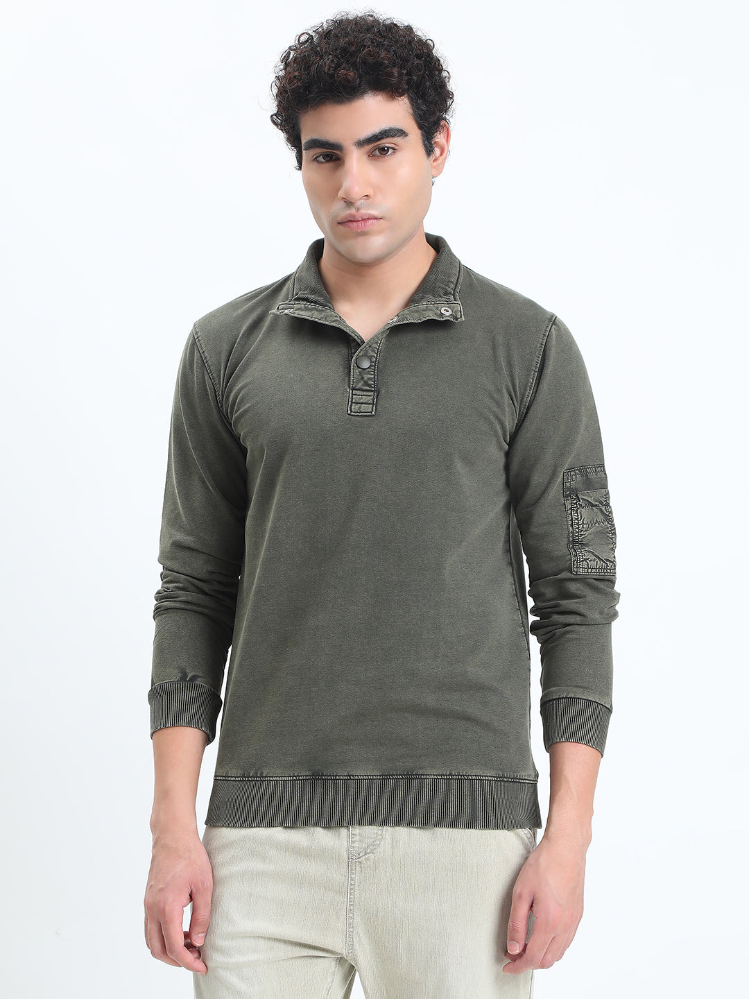 Men's Olive High Neck Ribbed Sweatshirt