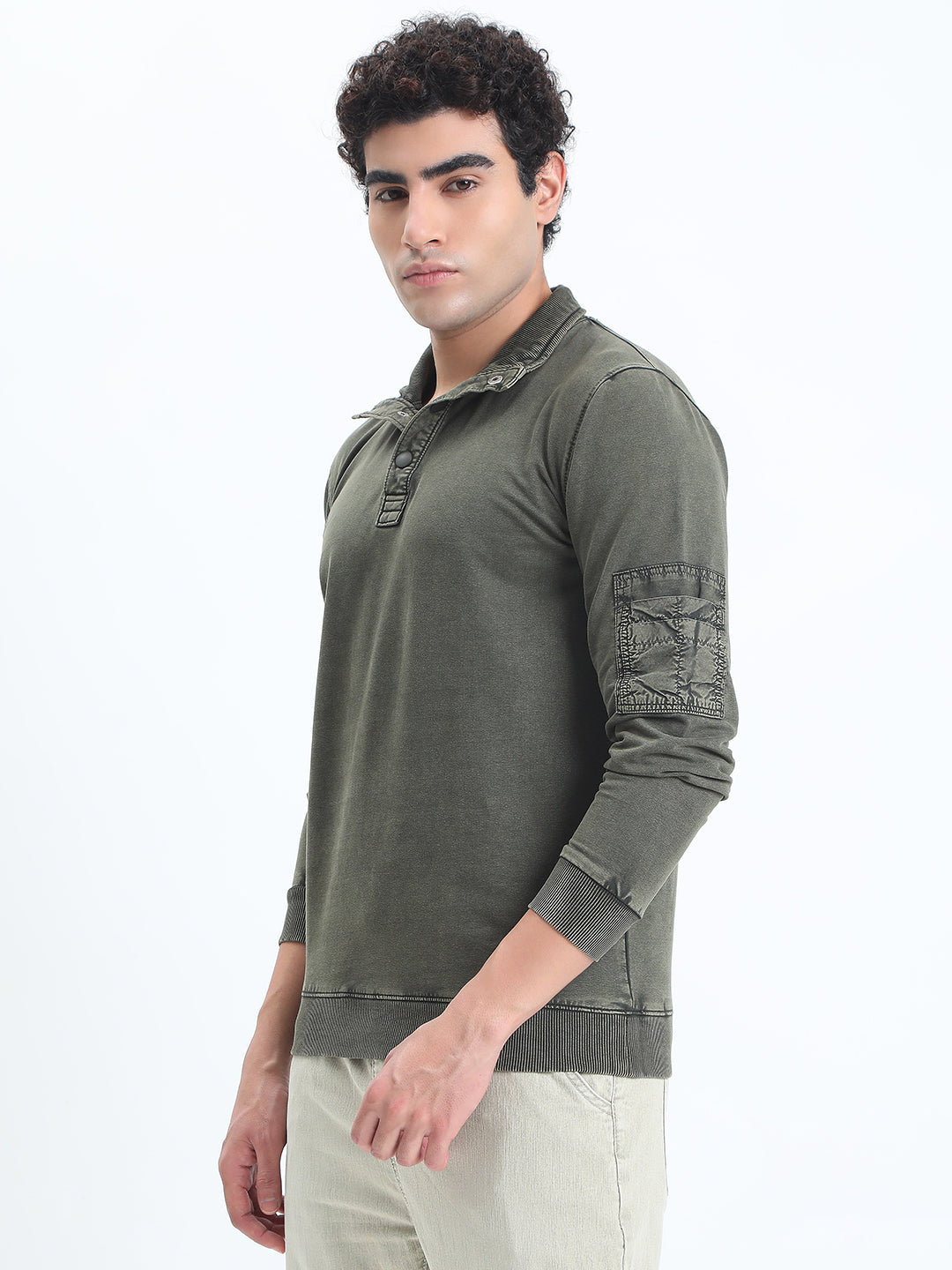 Men's Olive High Neck Ribbed Sweatshirt