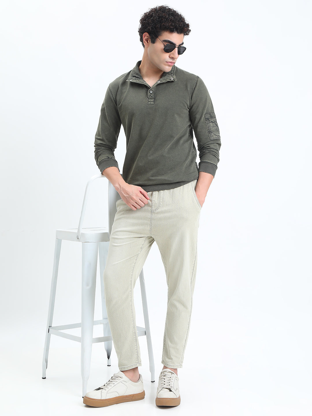 Men's Olive High Neck Ribbed Sweatshirt