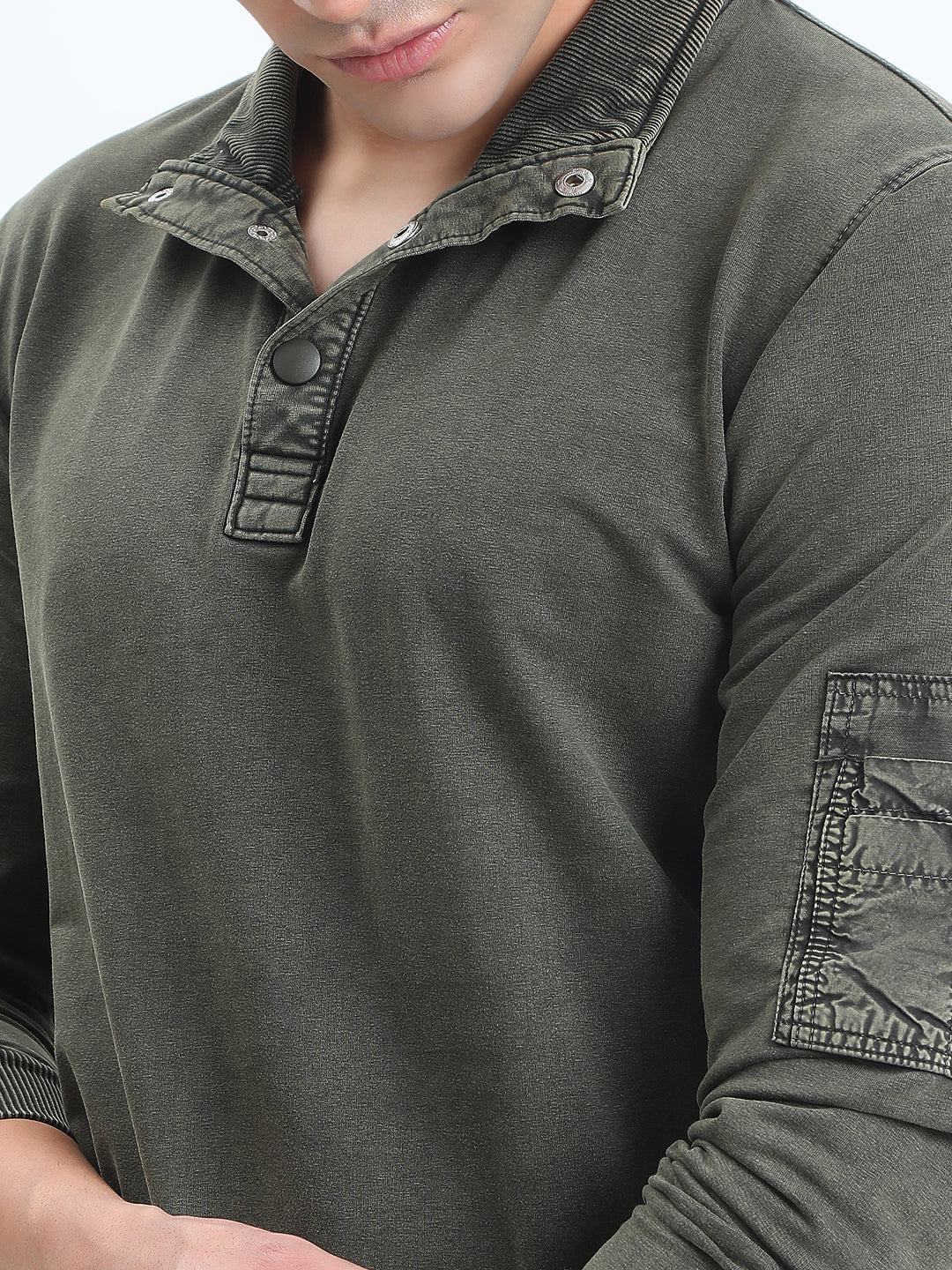 Men's Olive High Neck Ribbed Sweatshirt