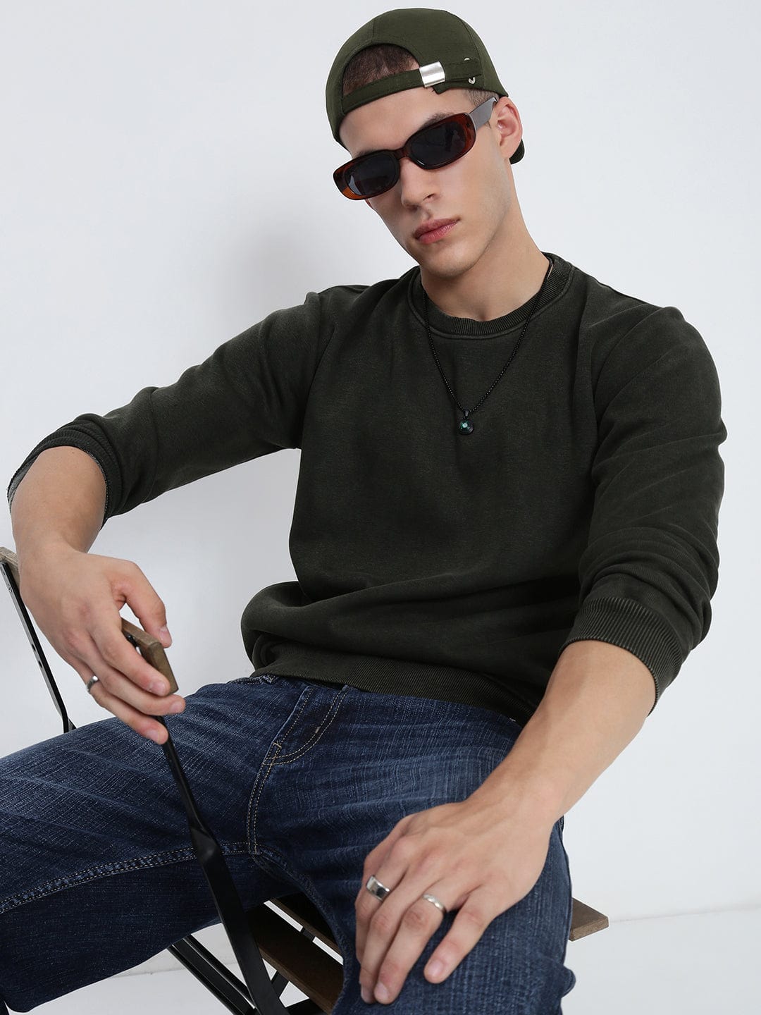 Men's Olive Round Neck Sweatshirt with Insert Pocket
