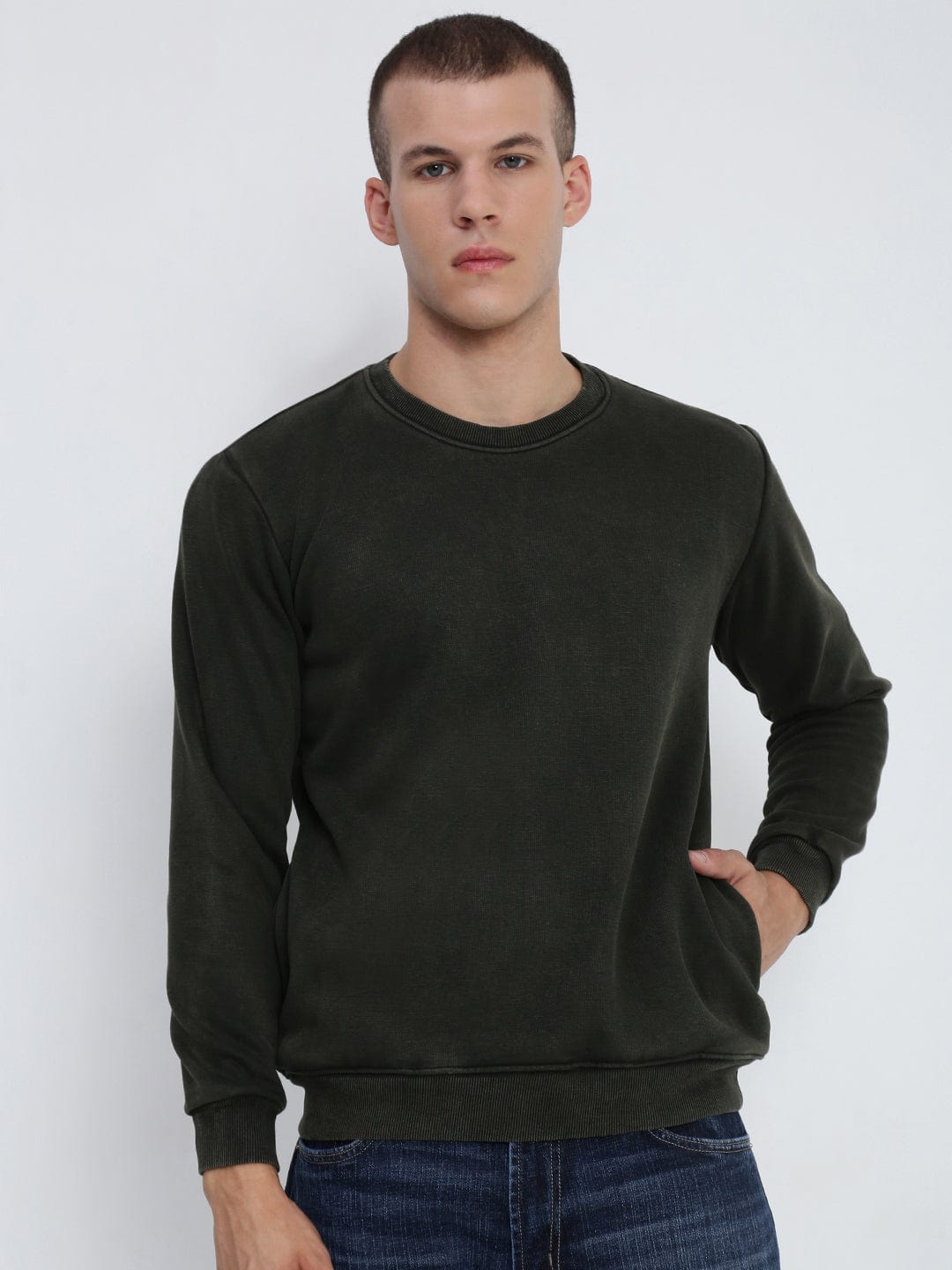Men's Olive Round Neck Sweatshirt with Insert Pocket
