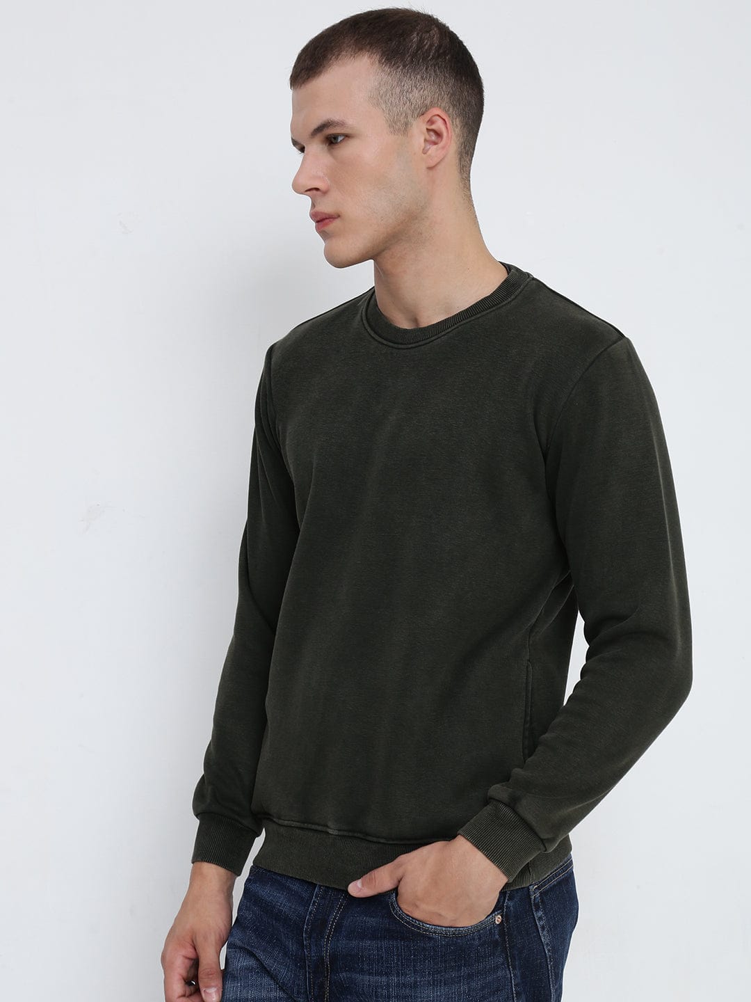 Men's Olive Round Neck Sweatshirt with Insert Pocket