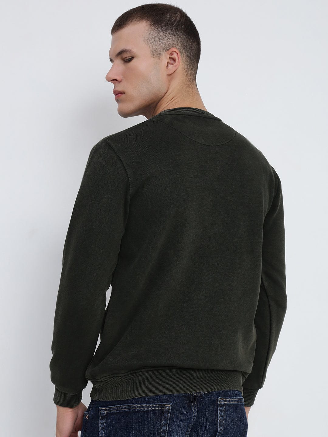 Men's Olive Round Neck Sweatshirt with Insert Pocket