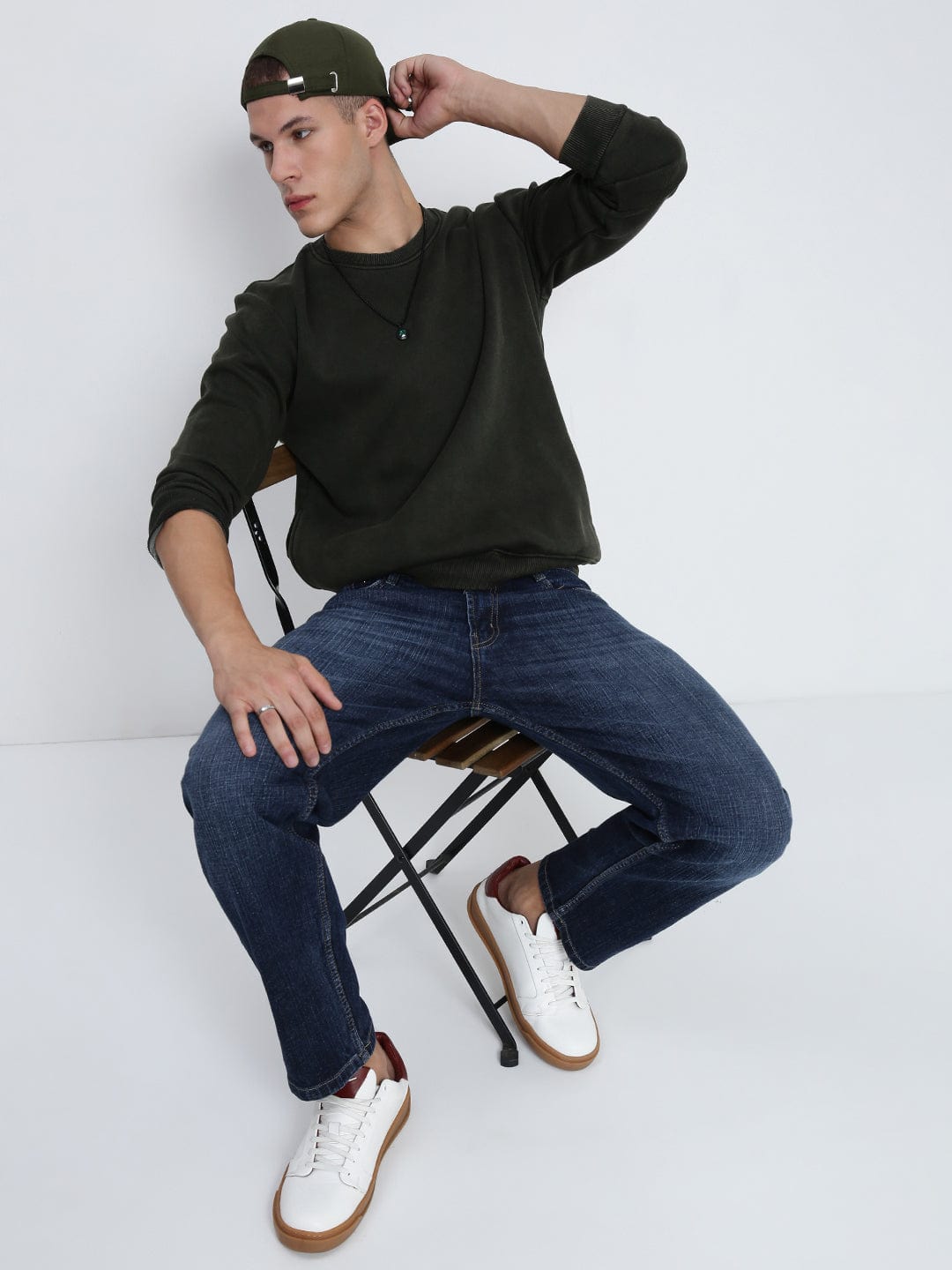 Men's Olive Round Neck Sweatshirt with Insert Pocket