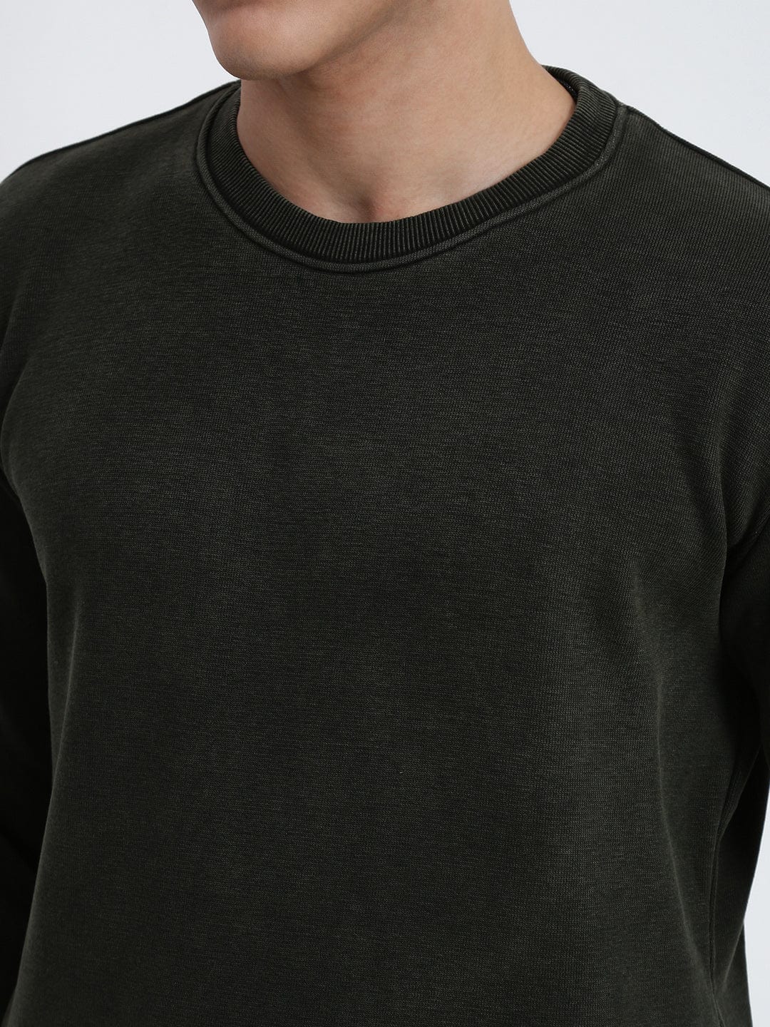 Men's Olive Round Neck Sweatshirt with Insert Pocket