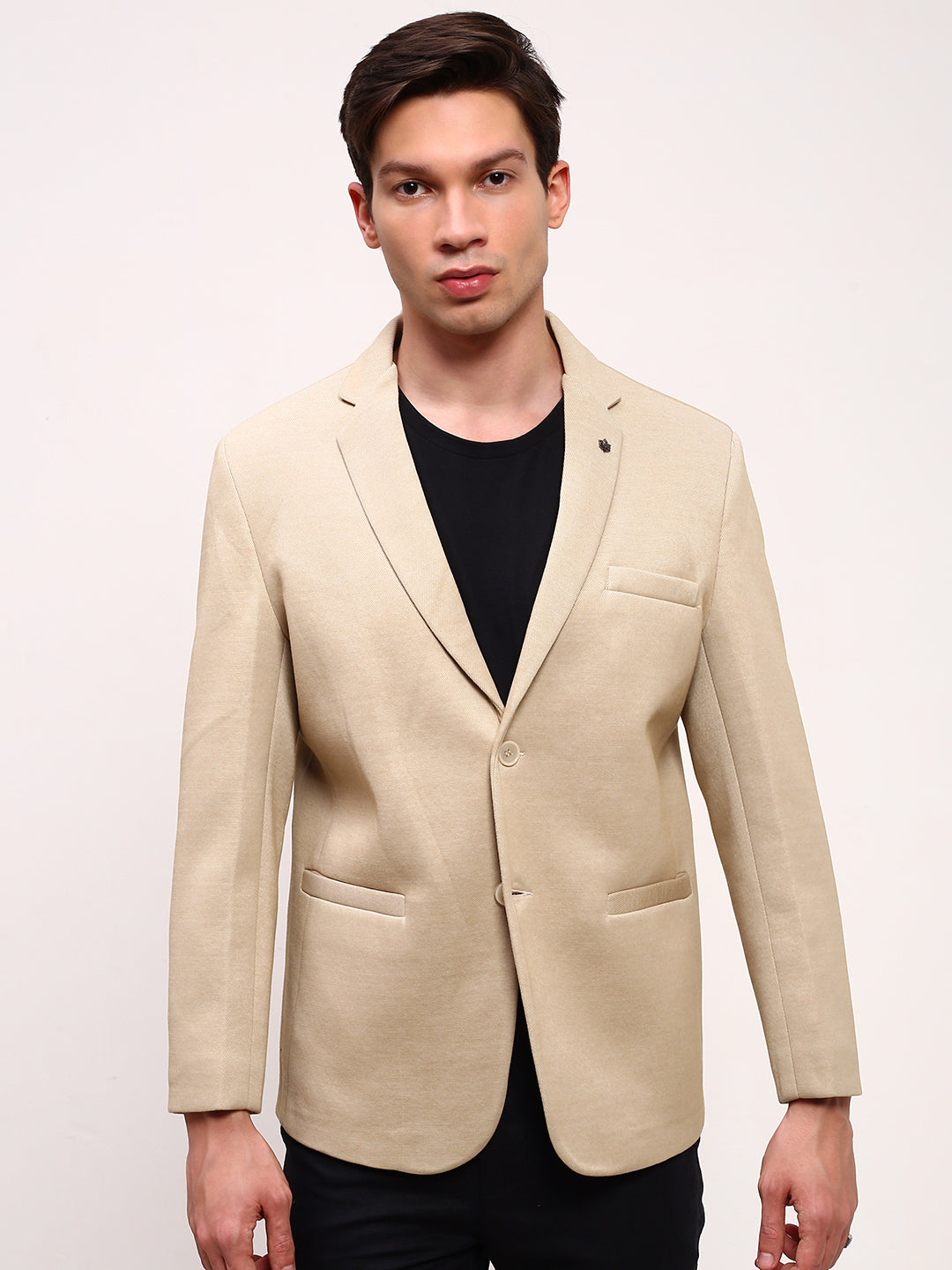 Men Beige Solid Single Breasted Blazer