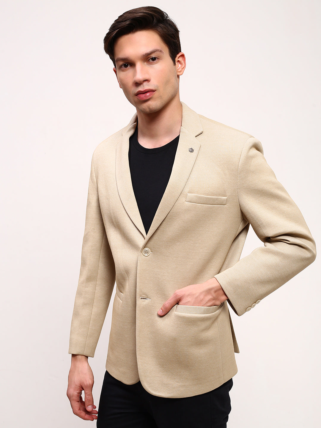 Men Beige Solid Single Breasted Blazer