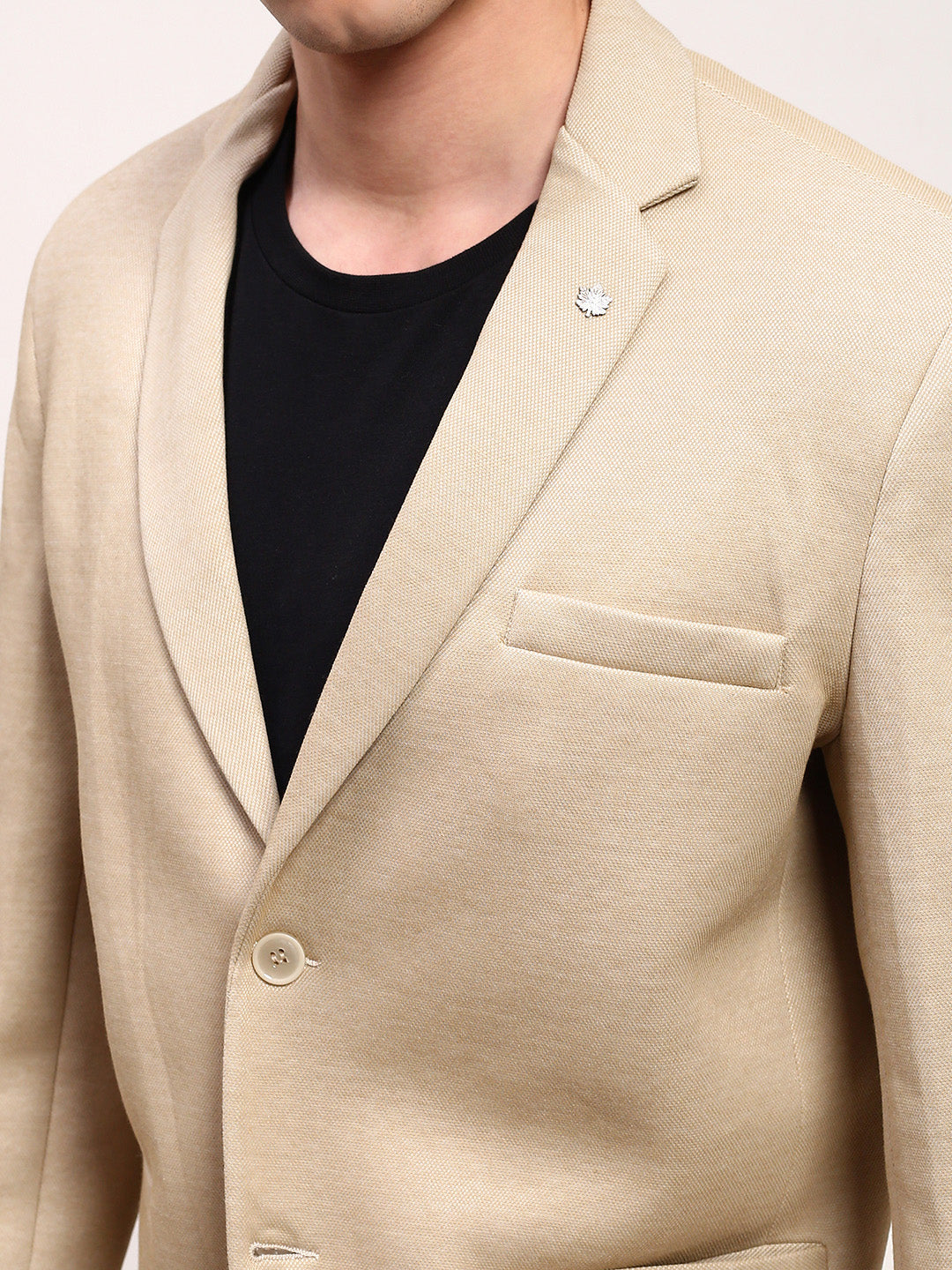 Men Beige Solid Single Breasted Blazer