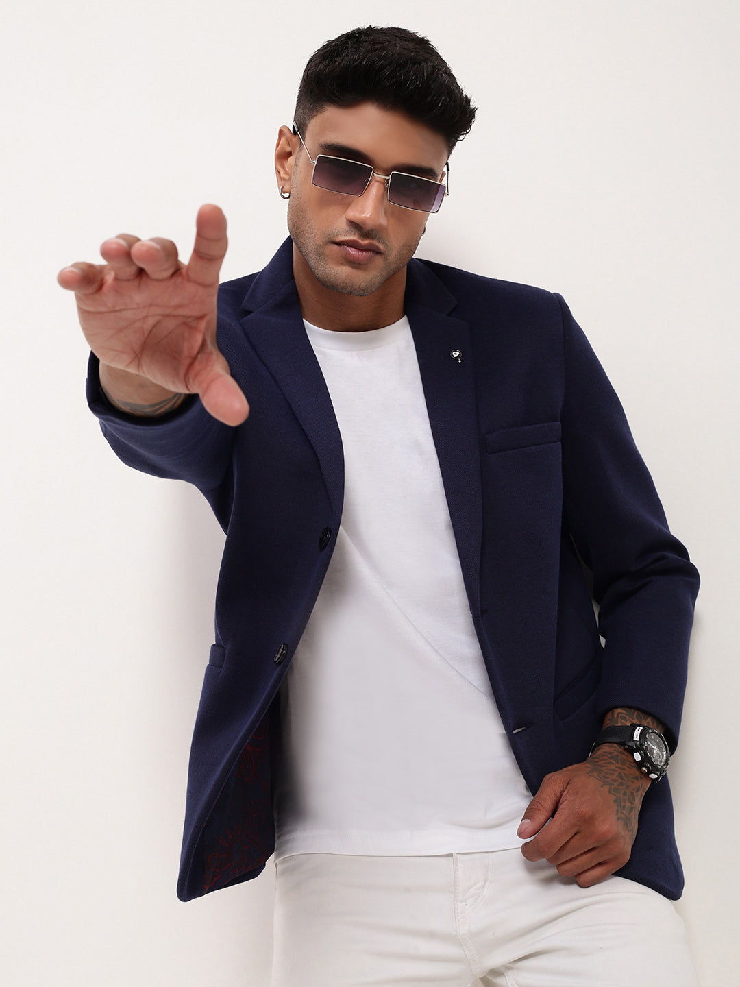 Men Navy Blue Solid Single Breasted Blazer