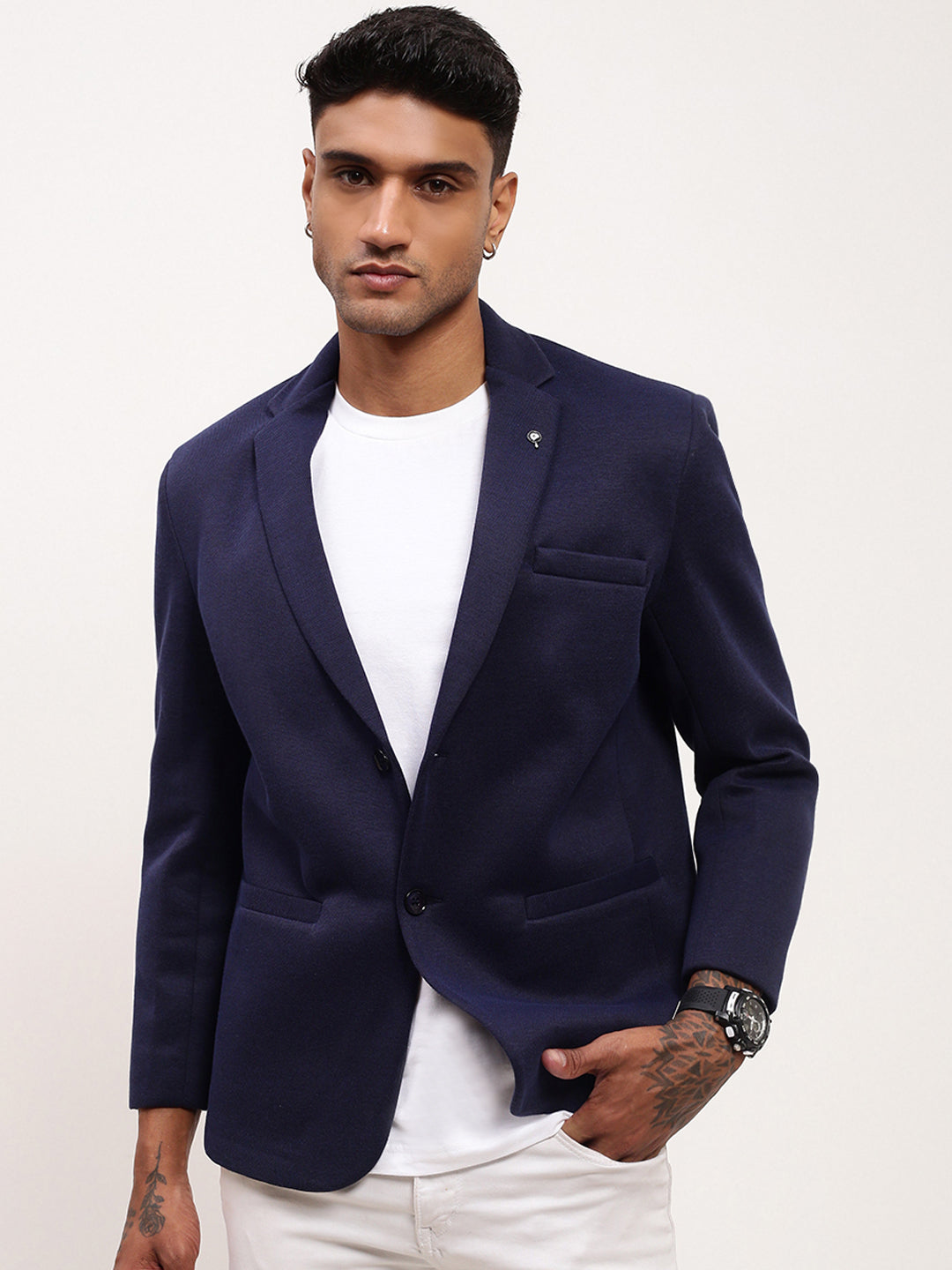 Men Navy Blue Solid Single Breasted Blazer