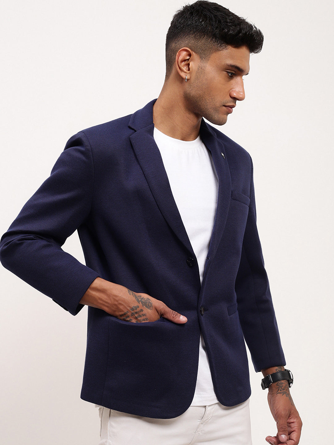 Men Navy Blue Solid Single Breasted Blazer