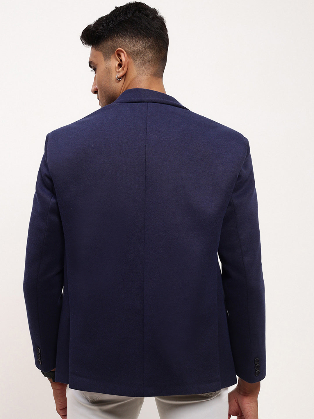 Men Navy Blue Solid Single Breasted Blazer