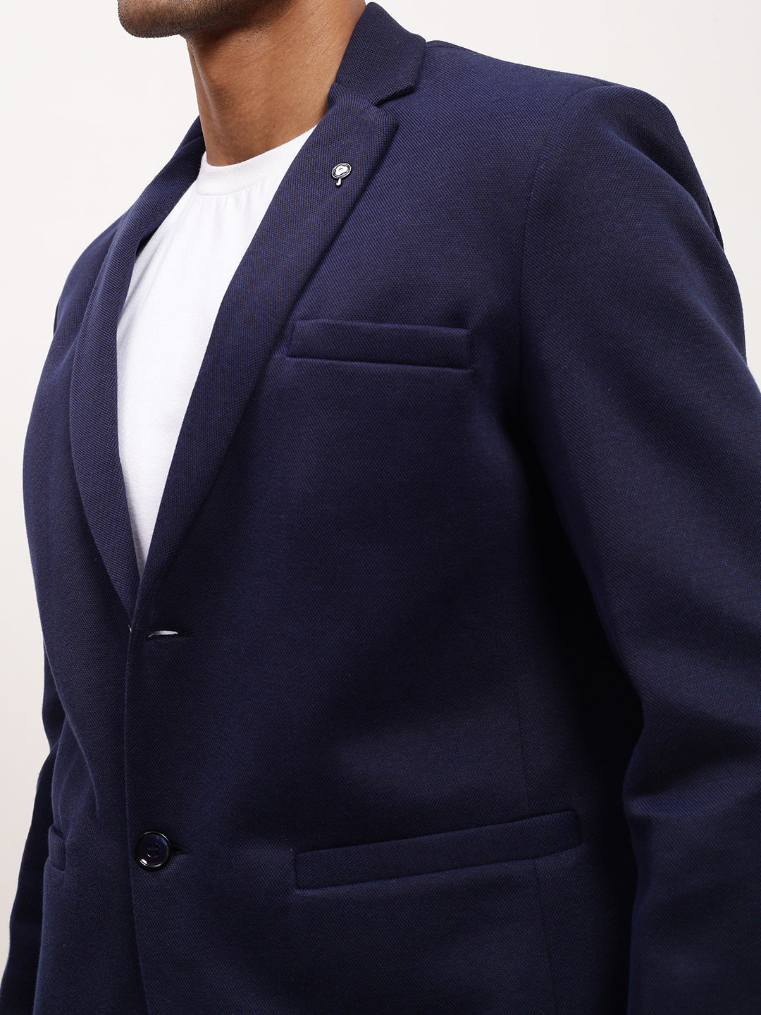 Men Navy Blue Solid Single Breasted Blazer