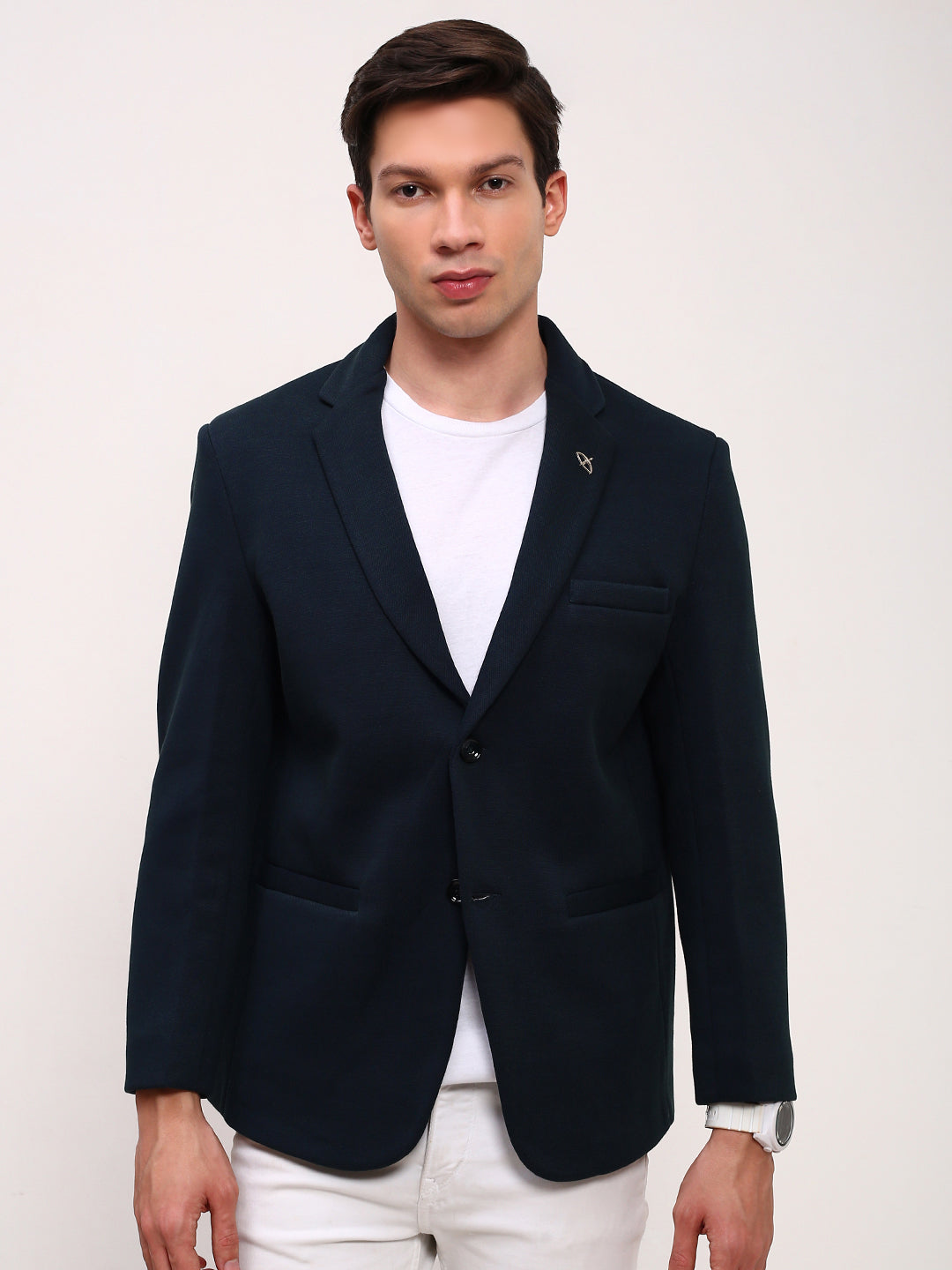 Men Teal Solid Single Breasted Blazer