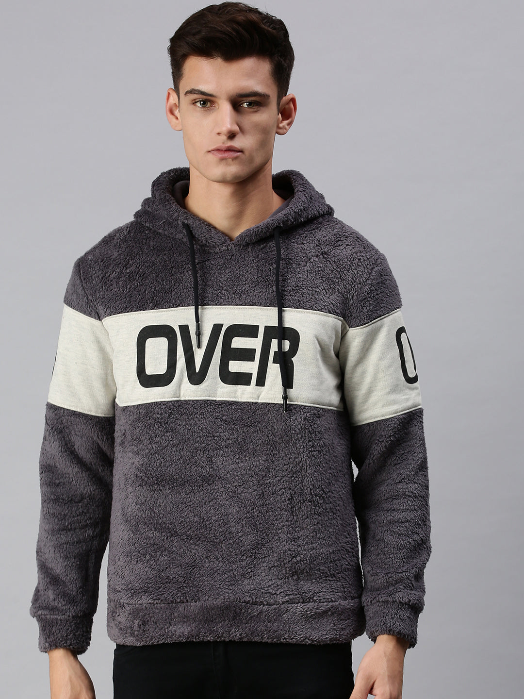 Men Hooded Graphic Print Grey Sweatshirt