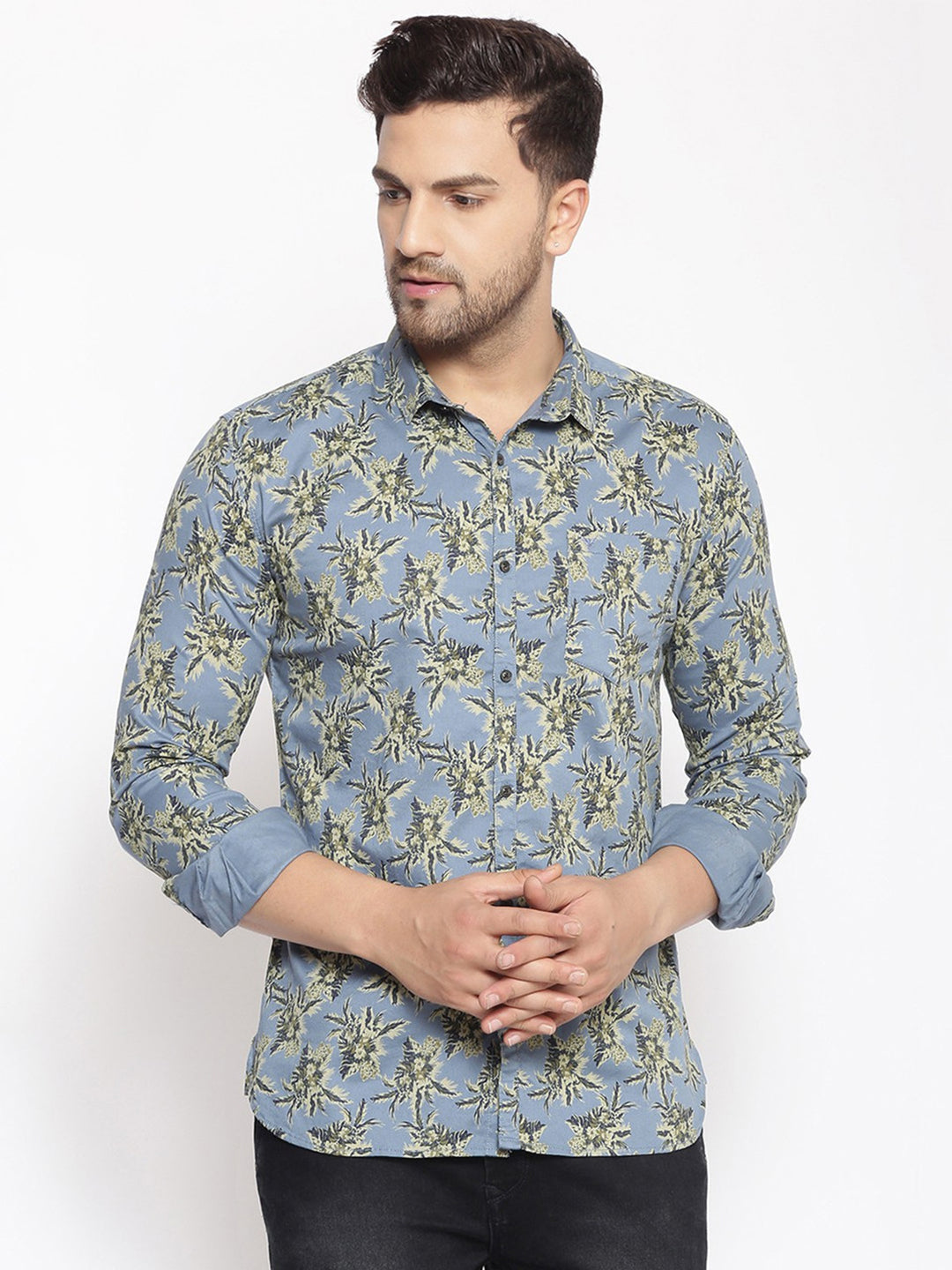 Men's Floral Print Blue Slim Fit Shirt