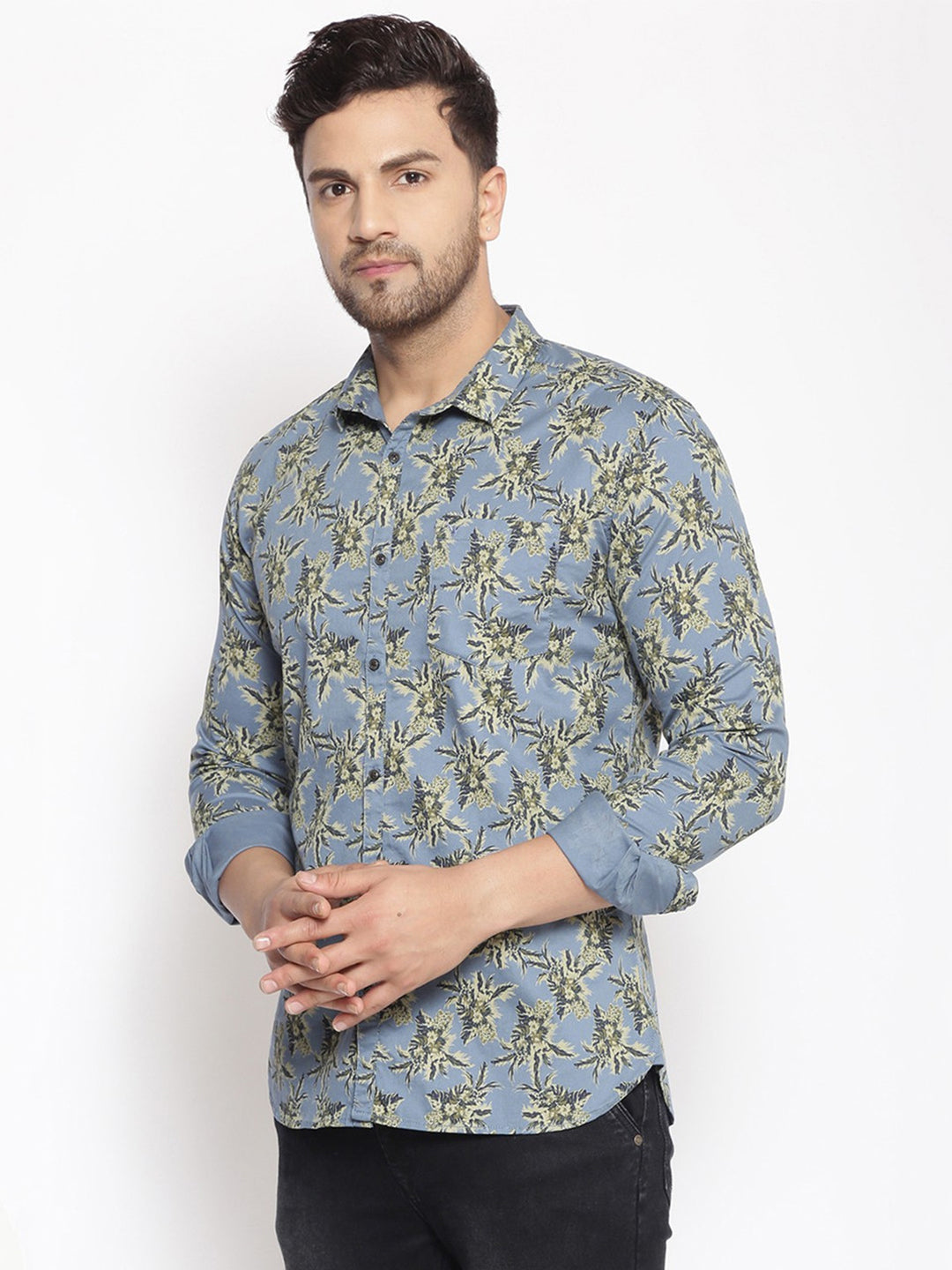 Men's Floral Print Blue Slim Fit Shirt