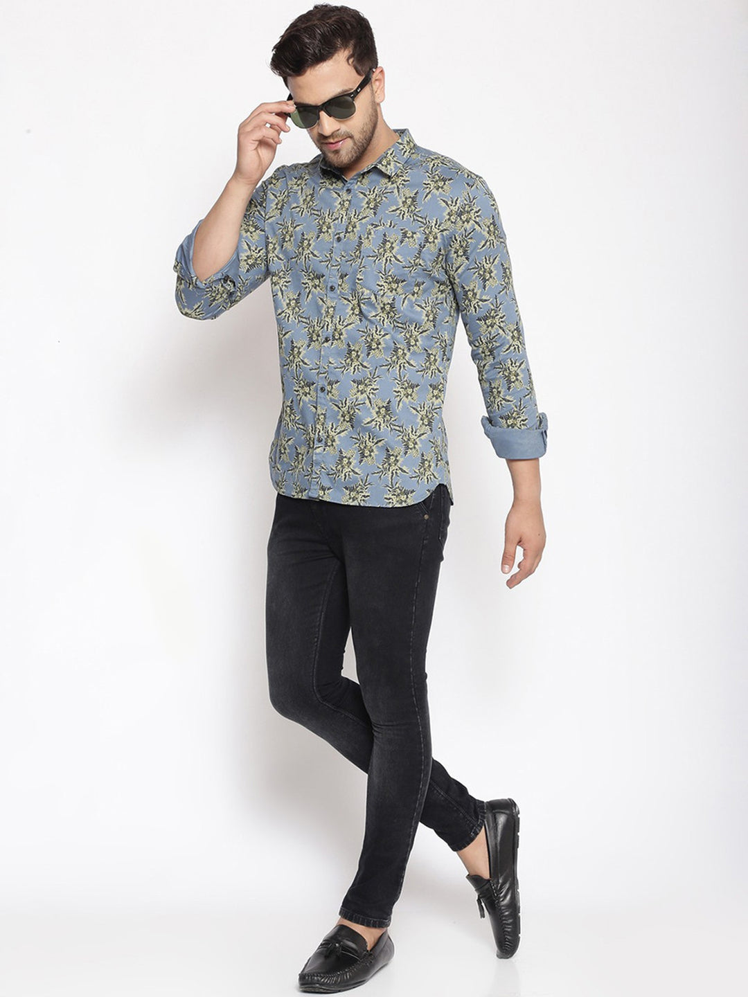 Men's Floral Print Blue Slim Fit Shirt