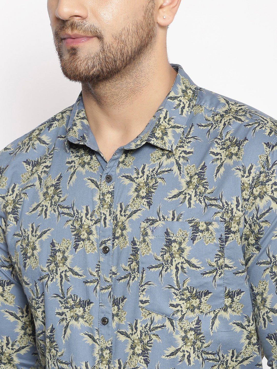 Men's Floral Print Blue Slim Fit Shirt