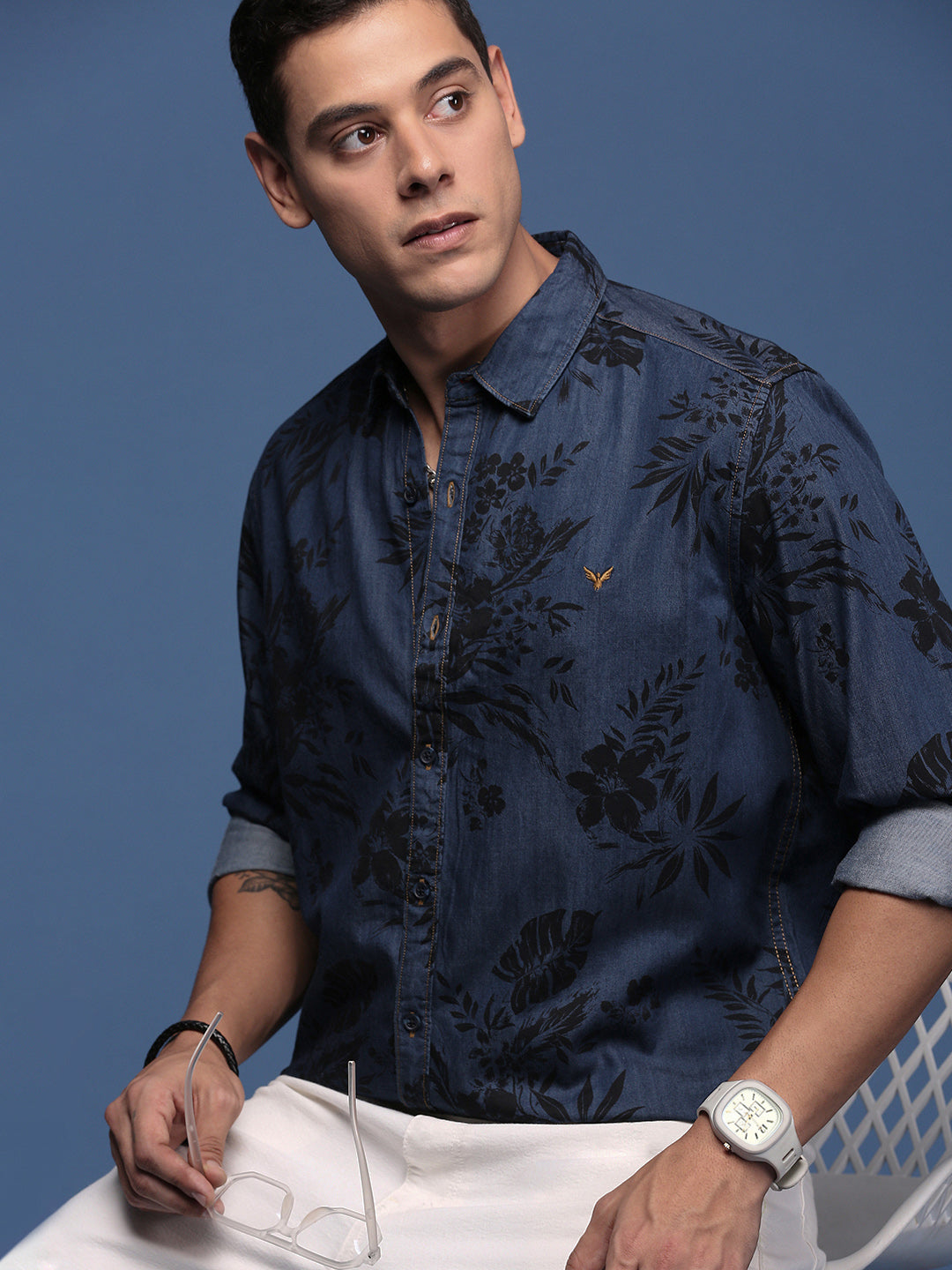 Men Floral Navy Blue Slim Fit Shirt