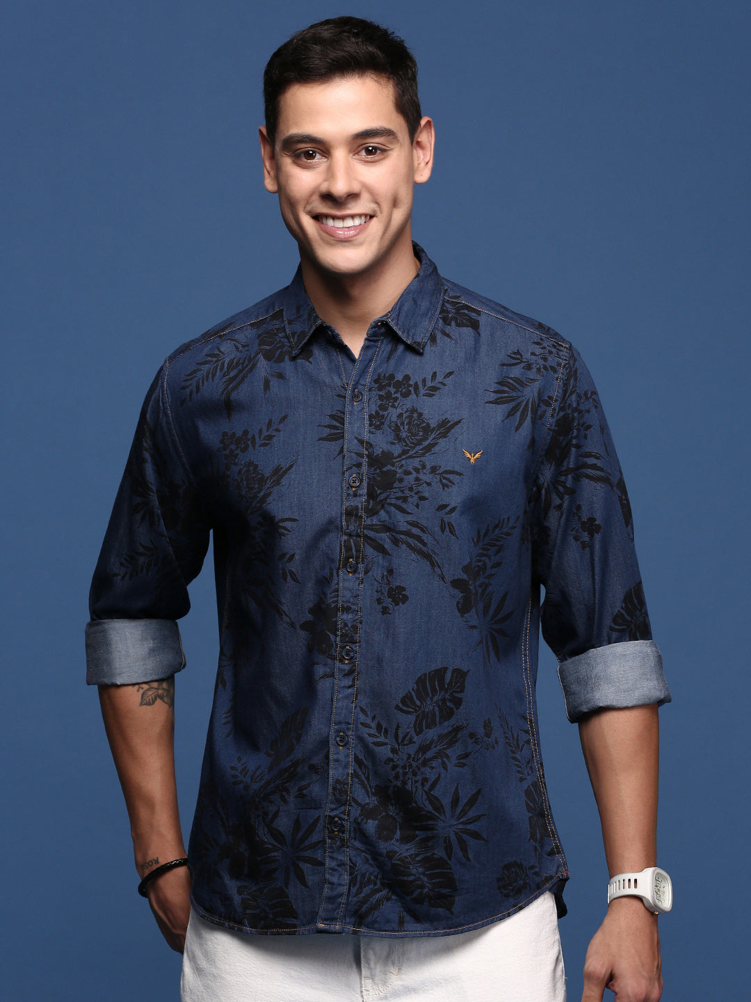 Men Floral Navy Blue Slim Fit Shirt