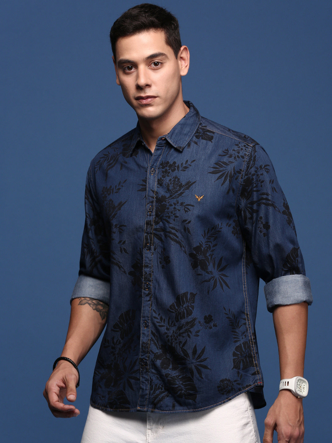 Men Floral Navy Blue Slim Fit Shirt