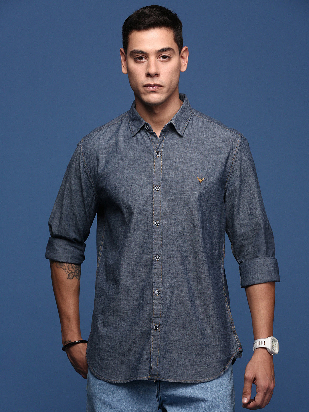 Men Solid Navy Blue Slim Fit Shirt